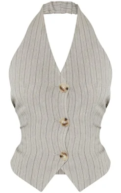 Taupe Tailored Woven Herringbone Halterneck Top