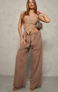 Taupe Textured Distressed Jersey Cut Out Crop Top