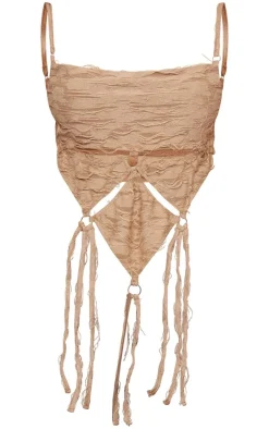 Taupe Textured Distressed Jersey Cut Out Crop Top