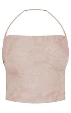 Taupe Textured Halterneck Crop Top