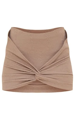 Taupe Textured Jersey Knot Front Mini Skirt