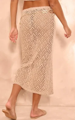 Taupe Textured Rib Low Rise Midaxi Skirt