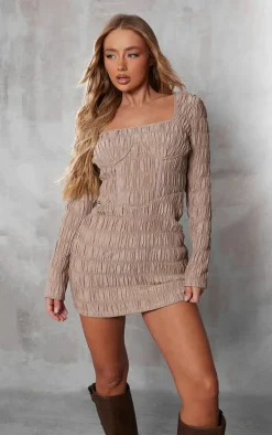 Taupe Textured Ruched Underwired Corset Bodycon Dress
