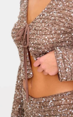 Taupe Textured Sequin Tie Top