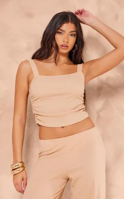 Taupe Textured Square Neck Long Top