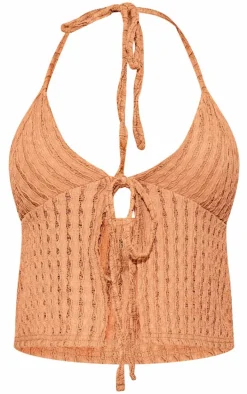 Taupe Textured Tie Neck Split Hem Top