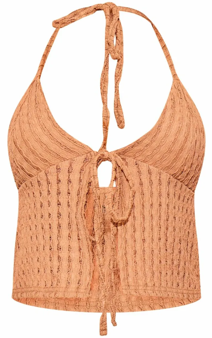 Taupe Textured Tie Neck Split Hem Top