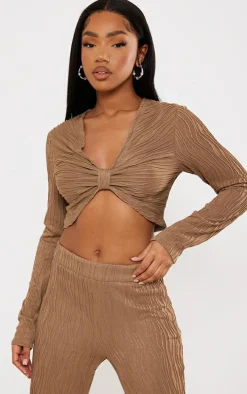 Taupe Textured Twist Front Long Sleeve Top