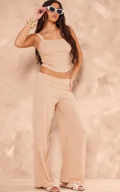 Taupe Textured Wide Leg Pants