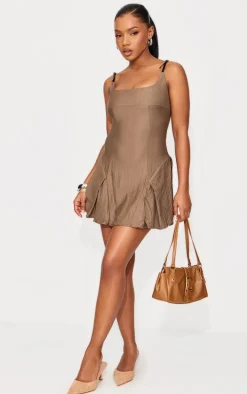 Taupe Textured Woven Buckle Detail Shift Dress