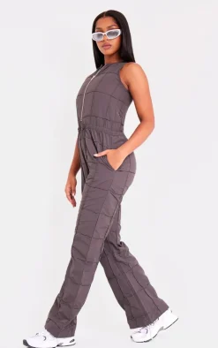 Taupe Textured Zip Up Toggle Jumpsuit