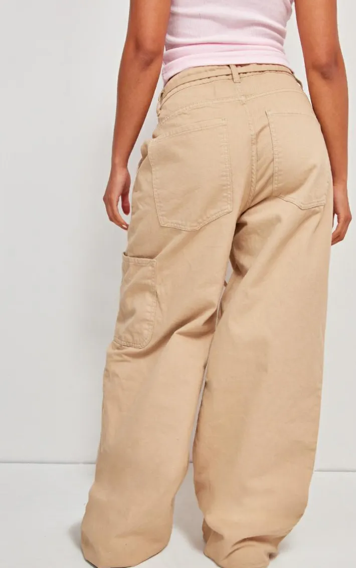 Taupe Tie Waistband Detail Wide Leg Jeans