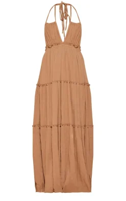 Taupe Tiered Halterneck Maxi Dress