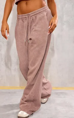 Taupe Washed Rib Panel Wide Leg Sweatpants
