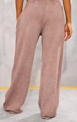 Taupe Washed Rib Panel Wide Leg Sweatpants