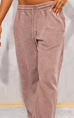 Taupe Washed Rib Panel Wide Leg Sweatpants