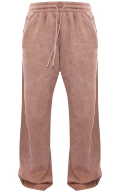 Taupe Washed Rib Panel Wide Leg Sweatpants