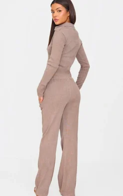 Taupe Washed Ribbed V Neck Fitted Long Sleeve Top