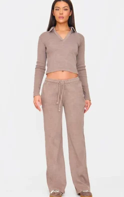 Taupe Washed Ribbed Wide Leg Pants
