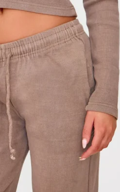 Taupe Washed Ribbed Wide Leg Pants