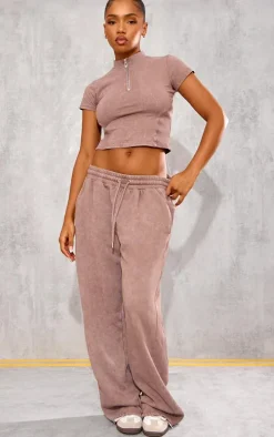 Taupe Washed Zip Up Rib Panel Top