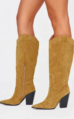 Taupe Wide Fit Faux Suede Point Toe Knee High Heeled Western Boots