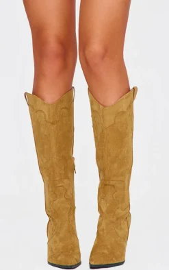 Taupe Wide Fit Faux Suede Point Toe Knee High Heeled Western Boots