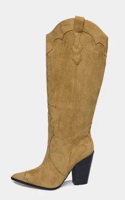 Taupe Wide Fit Faux Suede Point Toe Knee High Heeled Western Boots