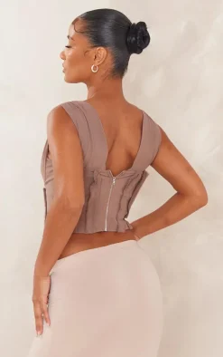 Taupe Woven Lace Up Fray Detail Corset