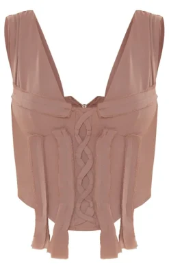 Taupe Woven Lace Up Fray Detail Corset