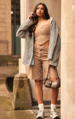 Taupe Woven Mid Rise Longline Tailored Shorts