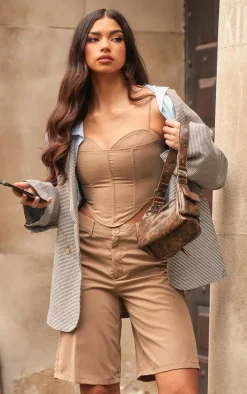 Taupe Woven Spaghetti Strap Sweetheart Corset