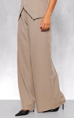 Taupe Woven Tailored Wide Leg Pleated Pants