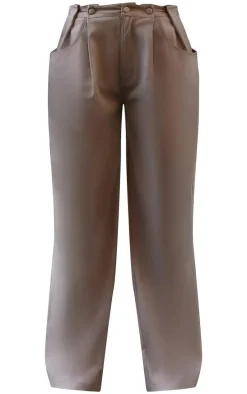 Taupe Woven Waistband Detail Tailored Straight Leg Pants