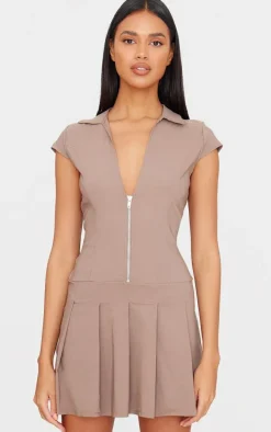Taupe Zip Up Pleated Shift Dress
