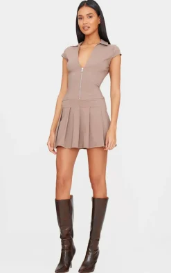 Taupe Zip Up Pleated Shift Dress