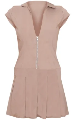 Taupe Zip Up Pleated Shift Dress
