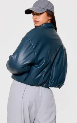 Teal Faux Leather Collar Detail Puffer Jacket
