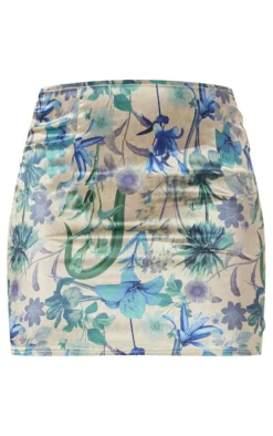 Teal Floral Print Satin Micro Mini Skirt