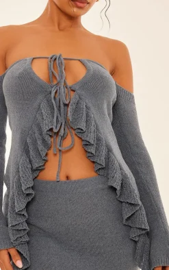 Teal Frill Sleeve Tie Front Knit Top