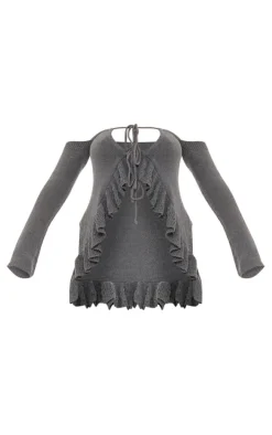 Teal Frill Sleeve Tie Front Knit Top