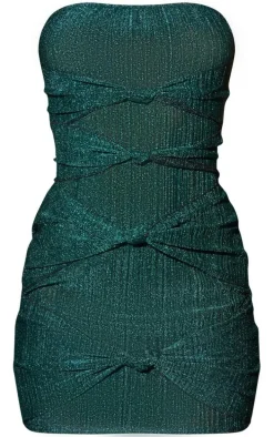 Teal Glitter Plisse Knot Detail Bandeau Bodycon Dress