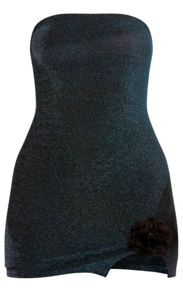 Teal Glitter Textured Bandeau Rose Applique Split Hem Bodycon Dress