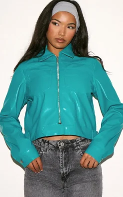 Teal PU Pocket Detail Casual Jacket