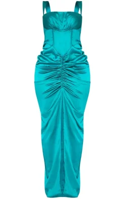 Teal Satin Corset Detail Ruched Maxi Dress