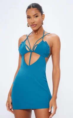 Teal Strappy Cut Out Shift Mini Dress