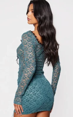 Teal Velvet Lace Tie Front Fitted Top