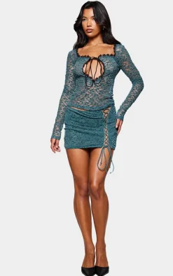 Teal Velvet Lace Tie Front Fitted Top