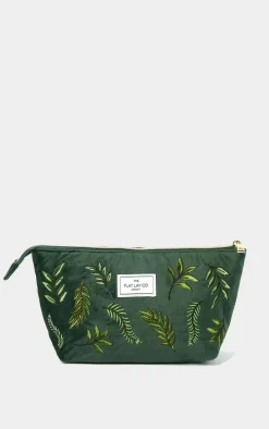 The Flat Lay Co. Essential Pouch Makeup Bag in Embroidered Leaves Green Velvet