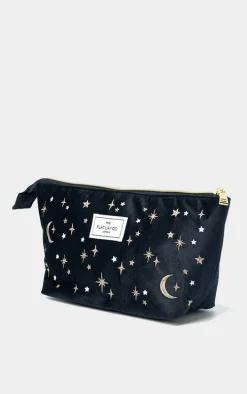 The Flat Lay Co. Essential Pouch Makeup Bag in Embroidered Celestial Blue Velvet